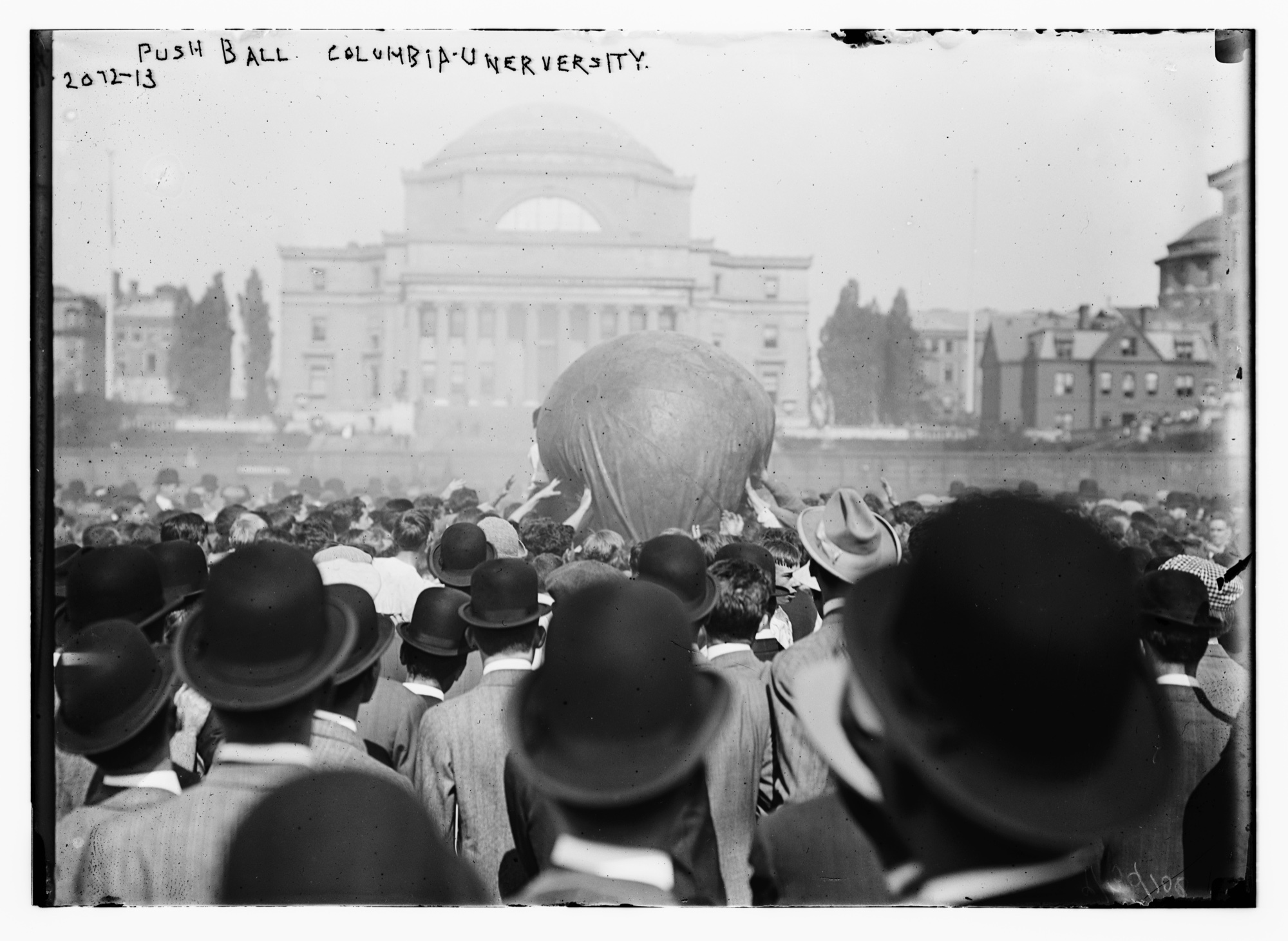 Push-ball, Columbia University — crowd viewed from behind with Low Library in the background